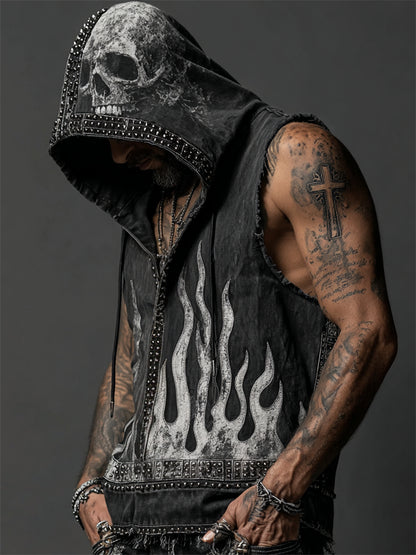 Men's Skull & Flame Rock Studded Hooded Linen Tank