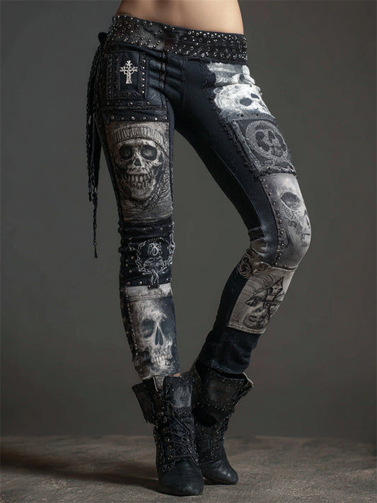 Rock Style Skulls Patchwork Studded Leggings