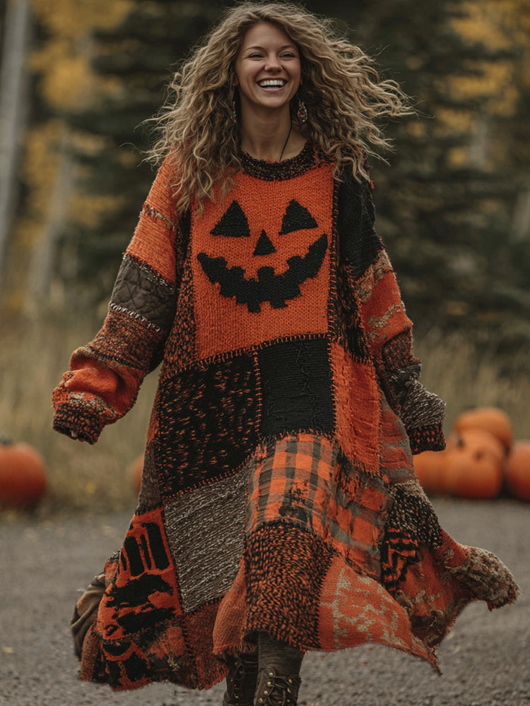 Vintage Patchwork Halloween Pumpkin Face Art Cozy Knit Maxi Dress
