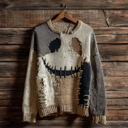 Halloween Spooky Face Contrast Stitched Cozy Knit Sweater