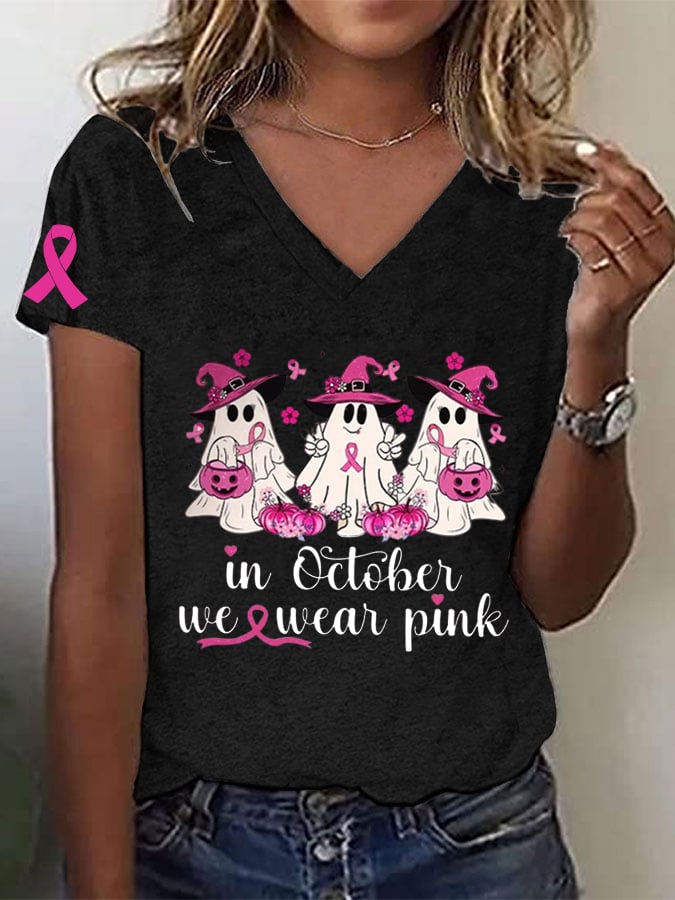 Women's Breast Cancer Awareness In October We Wear Pink Pumpkins and Ghost Pink Ribbon Print T-Shirt