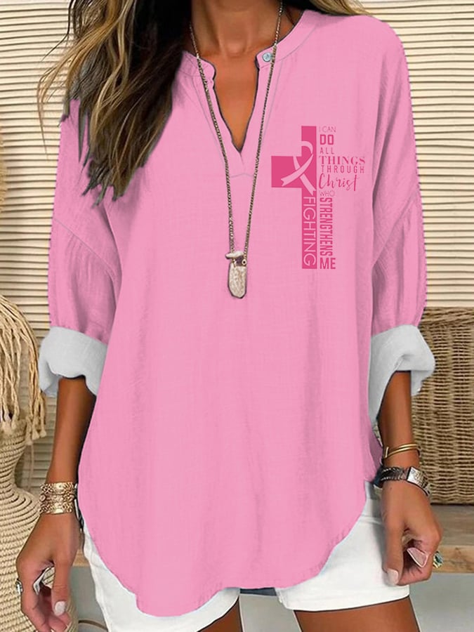 Women Breast Cancer Awareness Print Linen Top