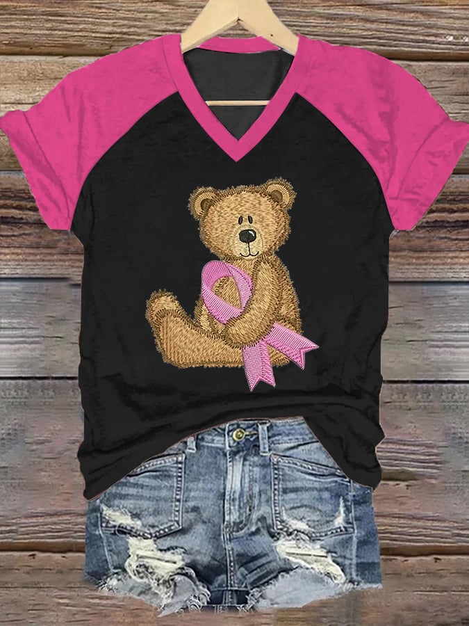Women's Bear Breast Cancer Awareness Print Casual V-Neck T-Shirt