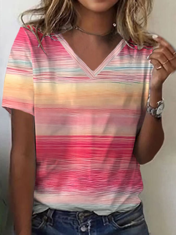 Women's Breast Pink Stripe Print Casual V-Neck T-Shirt