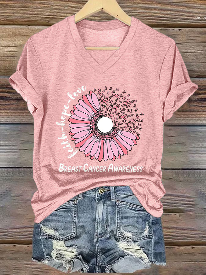 Women's Breast Cancer Awareness Print V Neck T-shirt