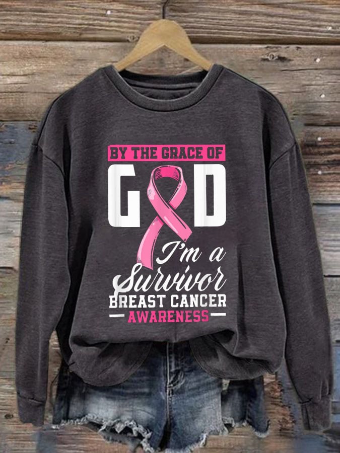 Women's By The Grace God I'm A Survivor Breast Cancer Survivor Crew Neck Sweatshirt