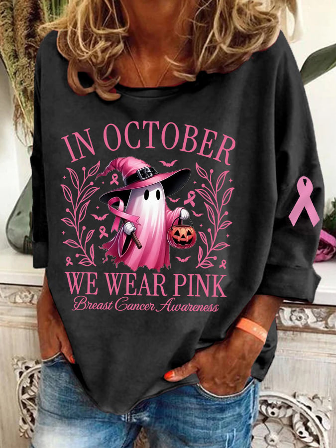 Women's In October We Wear Pink Halloween Ghost Breast Cancer Awareness Warrior Top