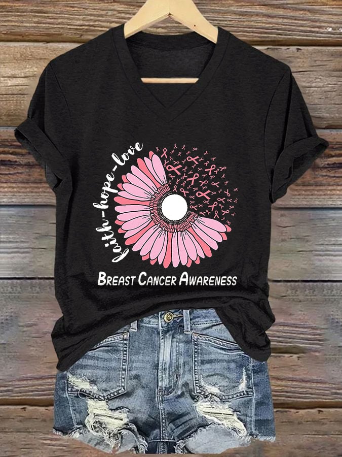 Women's Breast Cancer Awareness Print V Neck T-shirt