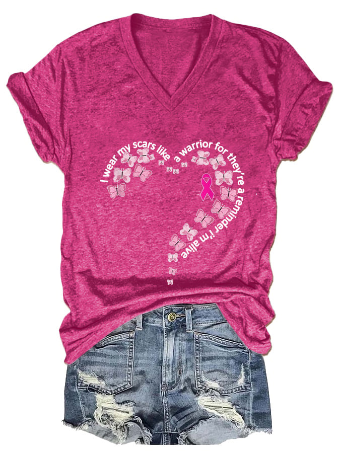 Women'S I Wear My Scars Heart Breast Cancer Awareness Printed Casual T-Shirt