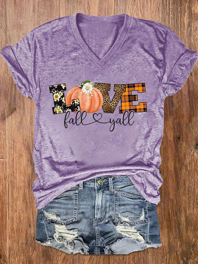 Women's Love Fall Y'all Print V-Neck Tee
