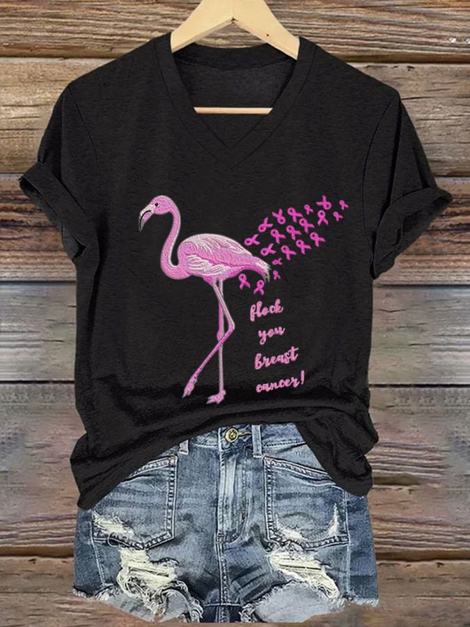 Women's Breast Cancer Flamingo Print casual T-shirt