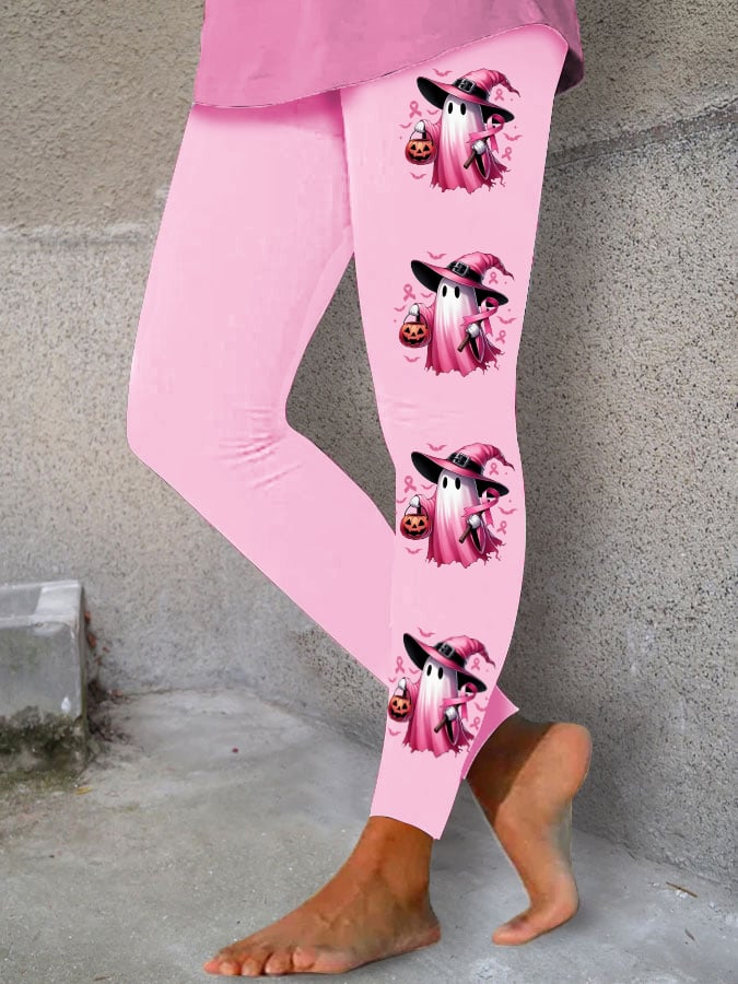 Women's In October We Wear Pink Halloween Ghost Breast Cancer Awareness Warrior Leggings