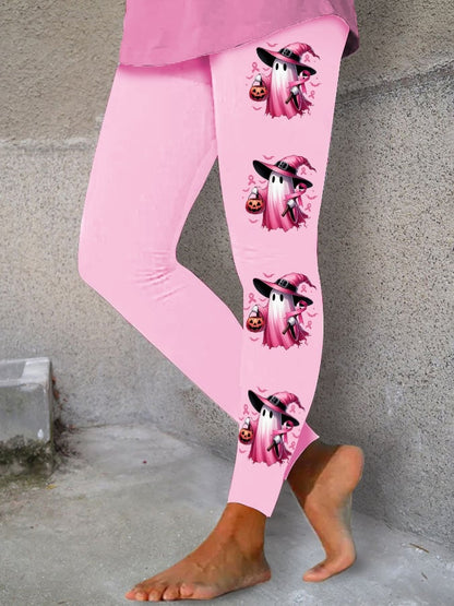 Women's In October We Wear Pink Halloween Ghost Breast Cancer Awareness Warrior Leggings