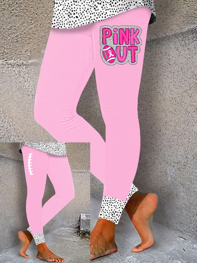 Women's Pink Out Football Breast Cancer Printed Yoga Leggings