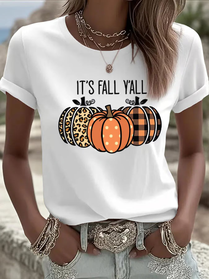 Women's It’s Fall Y’all Pumpkin Print Casual T-Shirt