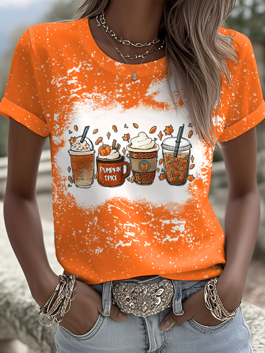 Retro Tie-Dye Fall Pumpkin Spice Latte Pumpkin Maple Leaf Printed Short-Sleeved T-Shirt