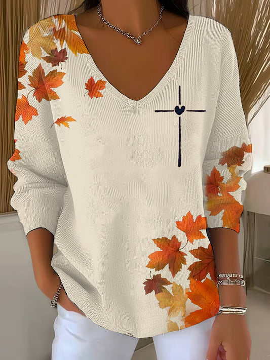Women's Autumn Maple Leaf Cross Print Sweater