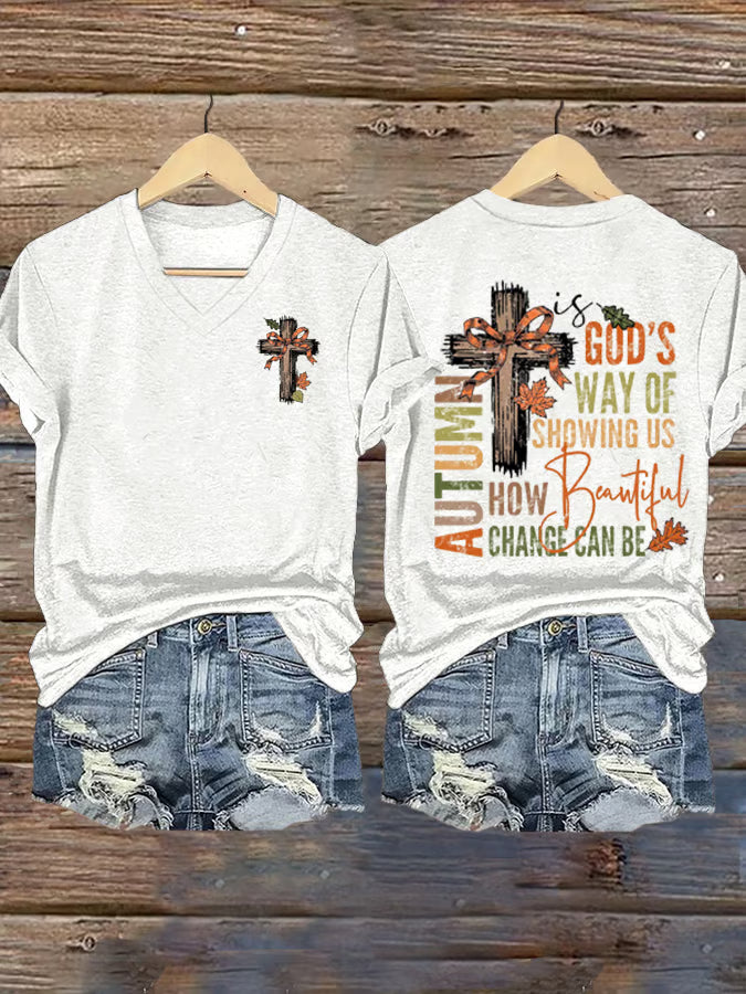Women's Faith Fall is God's Way Of Showing Us How Beautiful Change Can Be Printed Short Sleeve T-Shirt