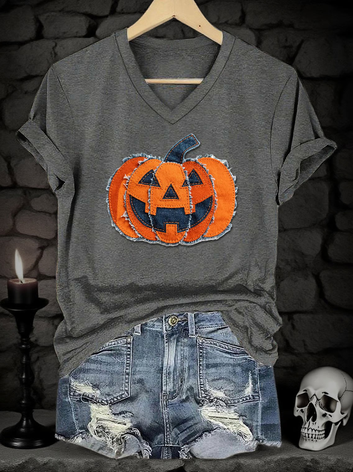 Women's Halloween Denim Patchwork Pumpkin Face Print V-Neck Short Sleeve T-Shirt