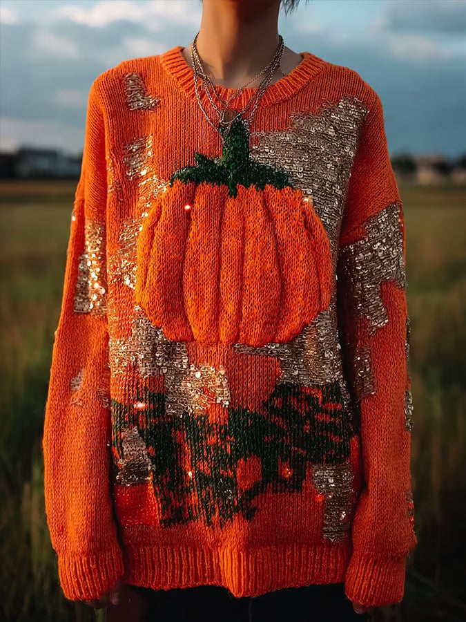 Women's Autumn Pumpkin Contrast Stitching Cozy Knit Sweater