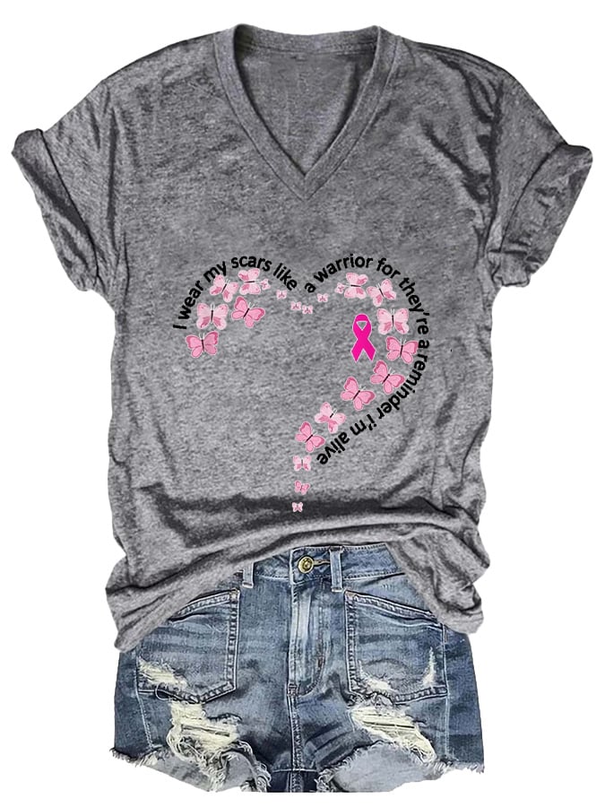 Women'S I Wear My Scars Heart Breast Cancer Awareness Printed Casual T-Shirt