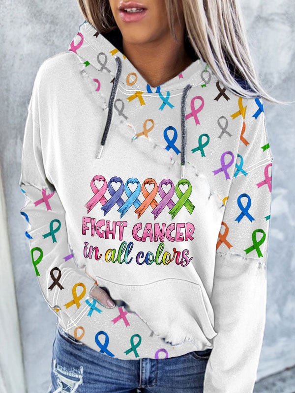 Women's Fight Cancer In All Colors Print Casual Hoodie