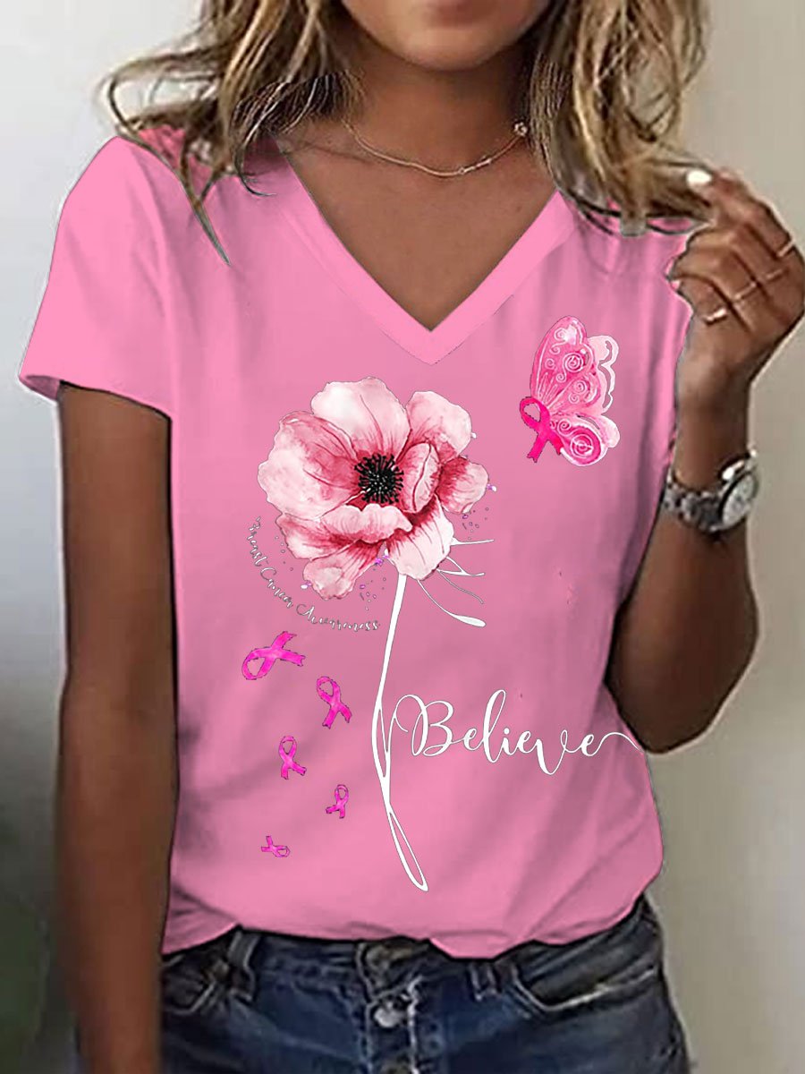 Womens Breast Cancer Awareness Pink Floral Butterfly Print V Neck T-Shirt