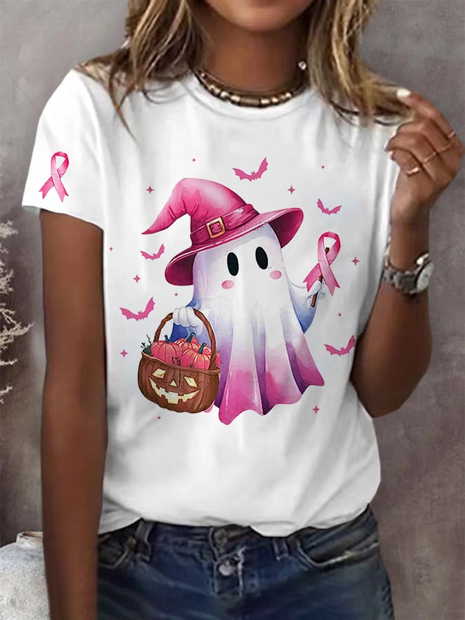 Women'S Boo To Cancer Pink Printed T-Shirt