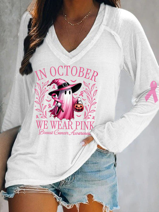 Women's In October We Wear Pink Halloween Ghost Breast Cancer Awareness Warrior Long-Sleeve Top