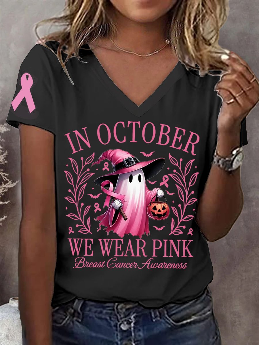 Women's In October We Wear Pink Halloween Ghost Breast Cancer Awareness Warrior V-Neck Tee
