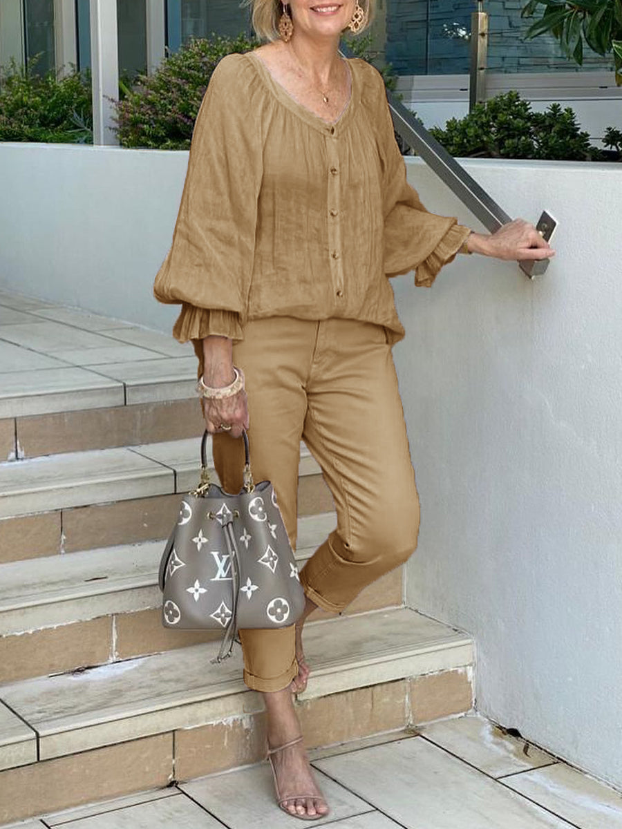 Special Collar Ruffled Sleeves Buttoned Shirt Casual Two-piece Suits