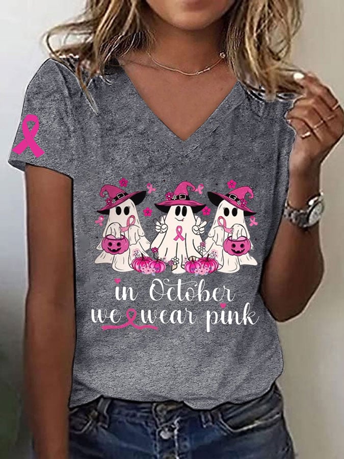 Women's Breast Cancer Awareness In October We Wear Pink Pumpkins and Ghost Pink Ribbon Print T-Shirt