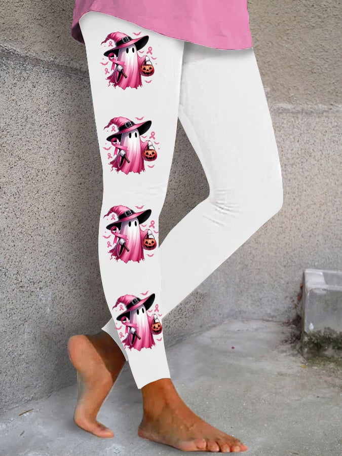 Women's In October We Wear Pink Halloween Ghost Breast Cancer Awareness Warrior Leggings