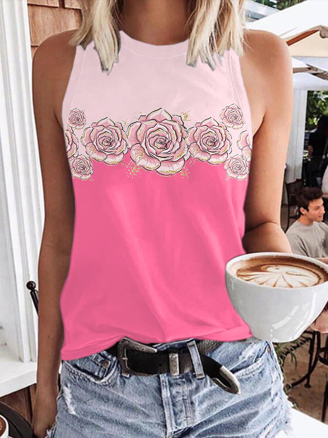 Women's Round Neck Gold Stamping Floral Print Vest