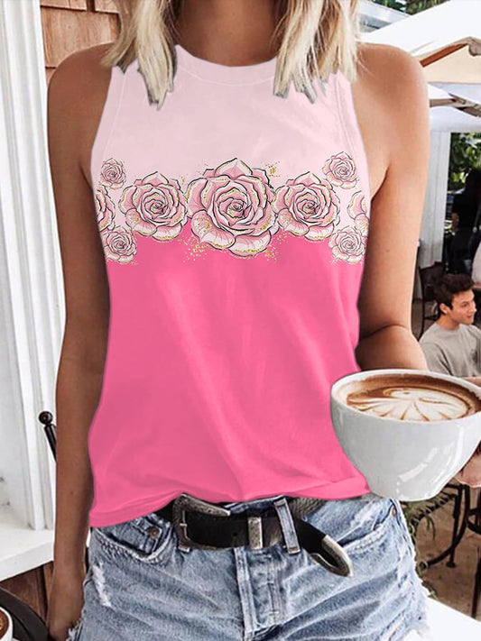 Women's Round Neck Gold Stamping Floral Print Vest