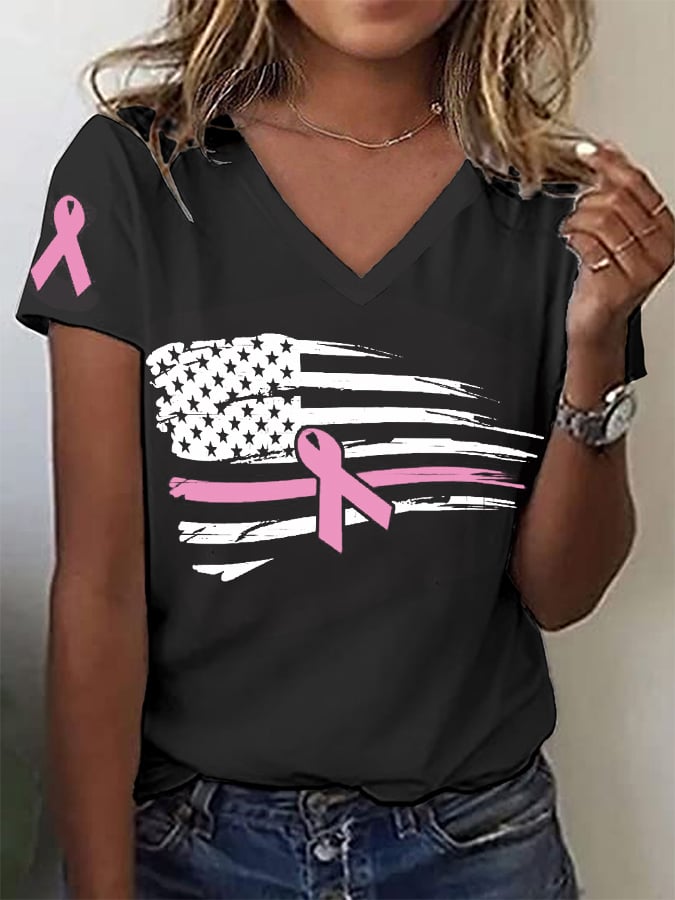 Women's Pink Ribbon Breast Cancer Awareness American Flag V-Neck Tee