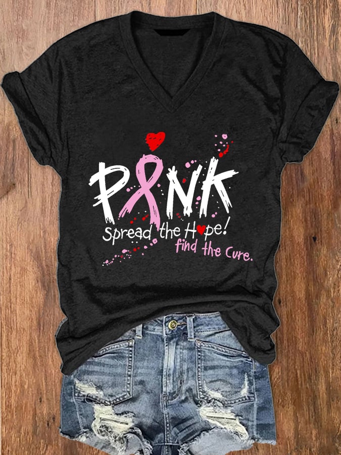 Women's Pink Spread The Hope Find The Cure Print V-Neck T-Shirt