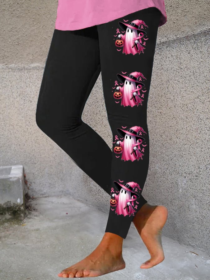 Women's In October We Wear Pink Halloween Ghost Breast Cancer Awareness Warrior Leggings