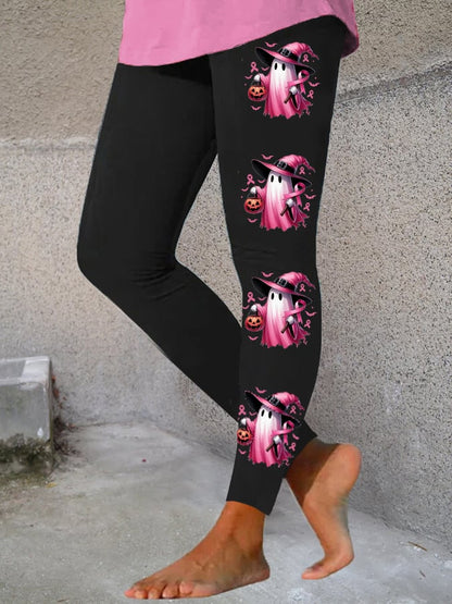 Women's In October We Wear Pink Halloween Ghost Breast Cancer Awareness Warrior Leggings