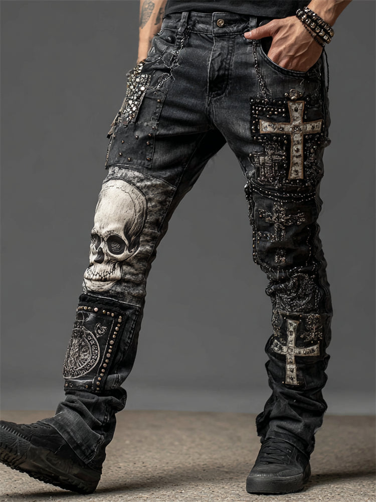 Men's Rock Skull & Cross Patch Studded Washed Jeans