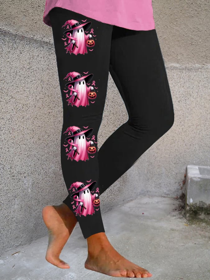 Women's In October We Wear Pink Halloween Ghost Breast Cancer Awareness Warrior Leggings