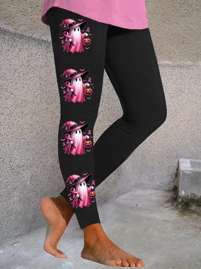 Women's In October We Wear Pink Halloween Ghost Breast Cancer Awareness Warrior Leggings