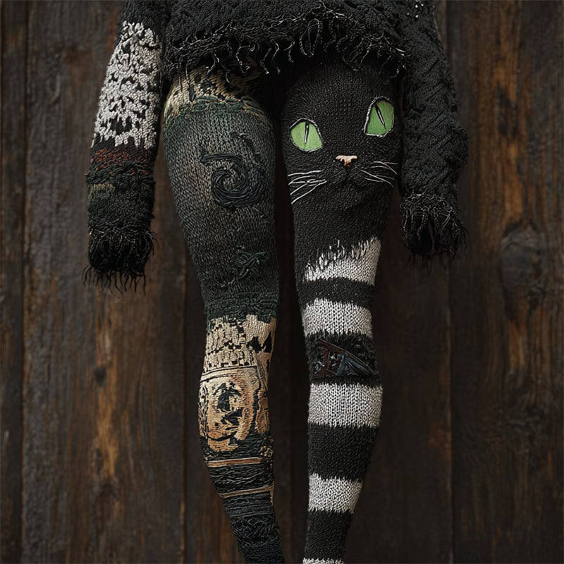Vintage Halloween Black Cat Striped Cozy Knit Leggings