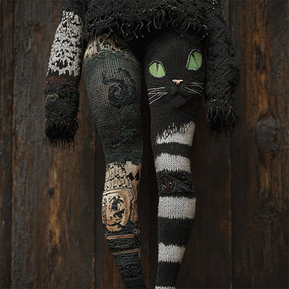 Vintage Halloween Black Cat Striped Cozy Knit Leggings