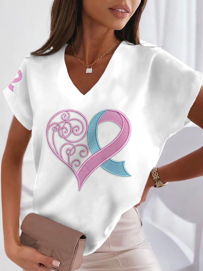 Women's Breast Cancer Print Heart Pink Ribbon Short Sleeve T-Shirt