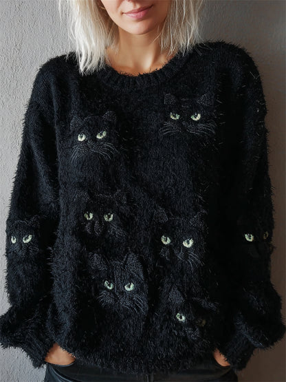 Halloween Black Cat Faces Cozy Fuzzy Sweater