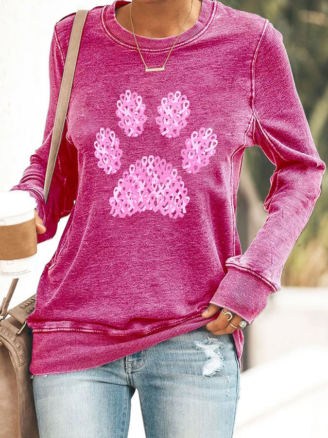 Women's Paws Breast Cancer Awareness Print Casual Sweatshirt