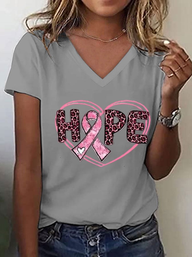 Women's Breast Cancer Awareness Hope Print V-Neck Tee