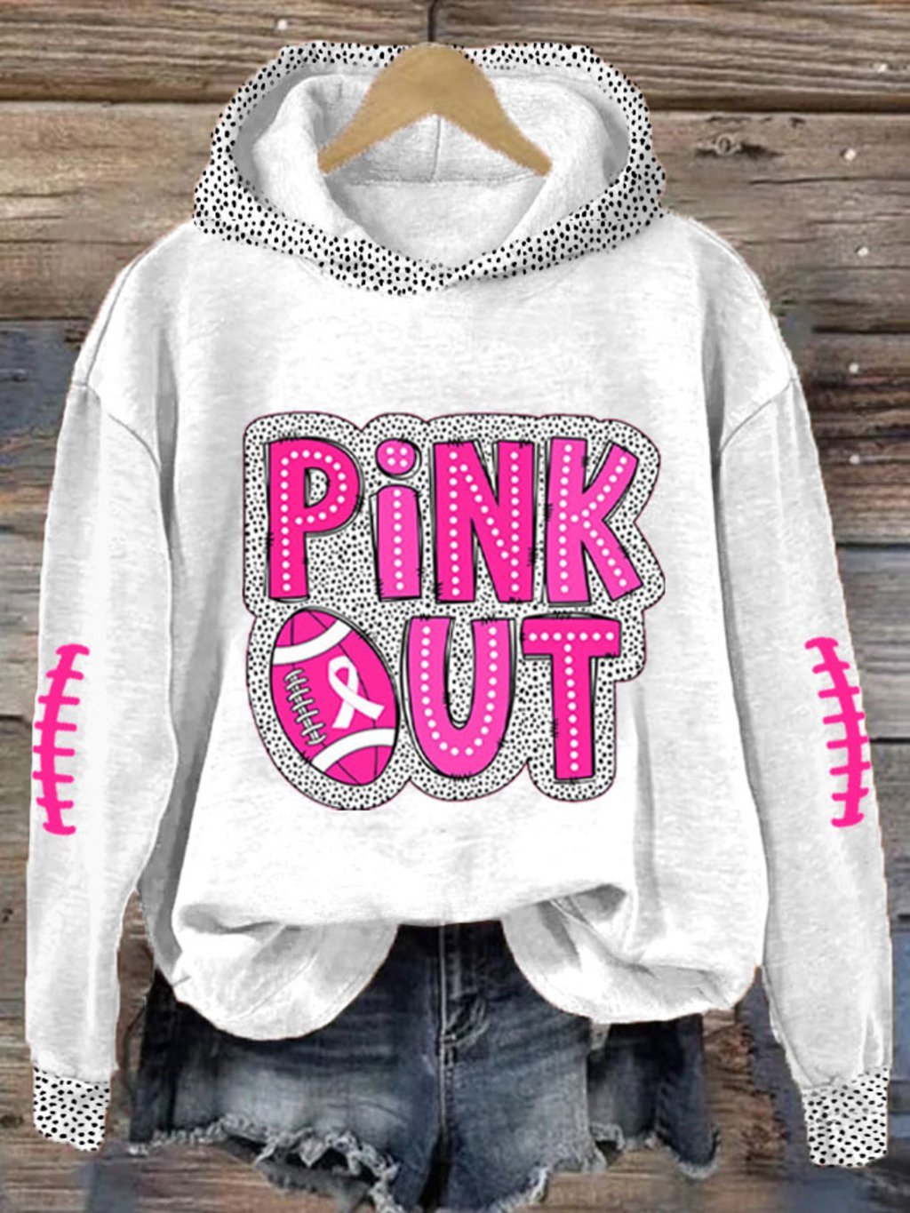 Women's Pink Out Football Breast Cancer Print Hooded Sweatshirt