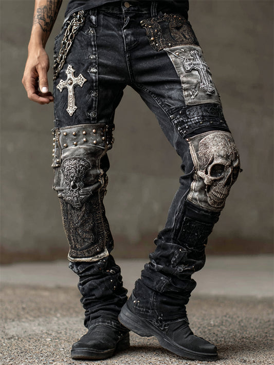 Men's Rock Skull & Cross Patchwork Studded Washed Jeans